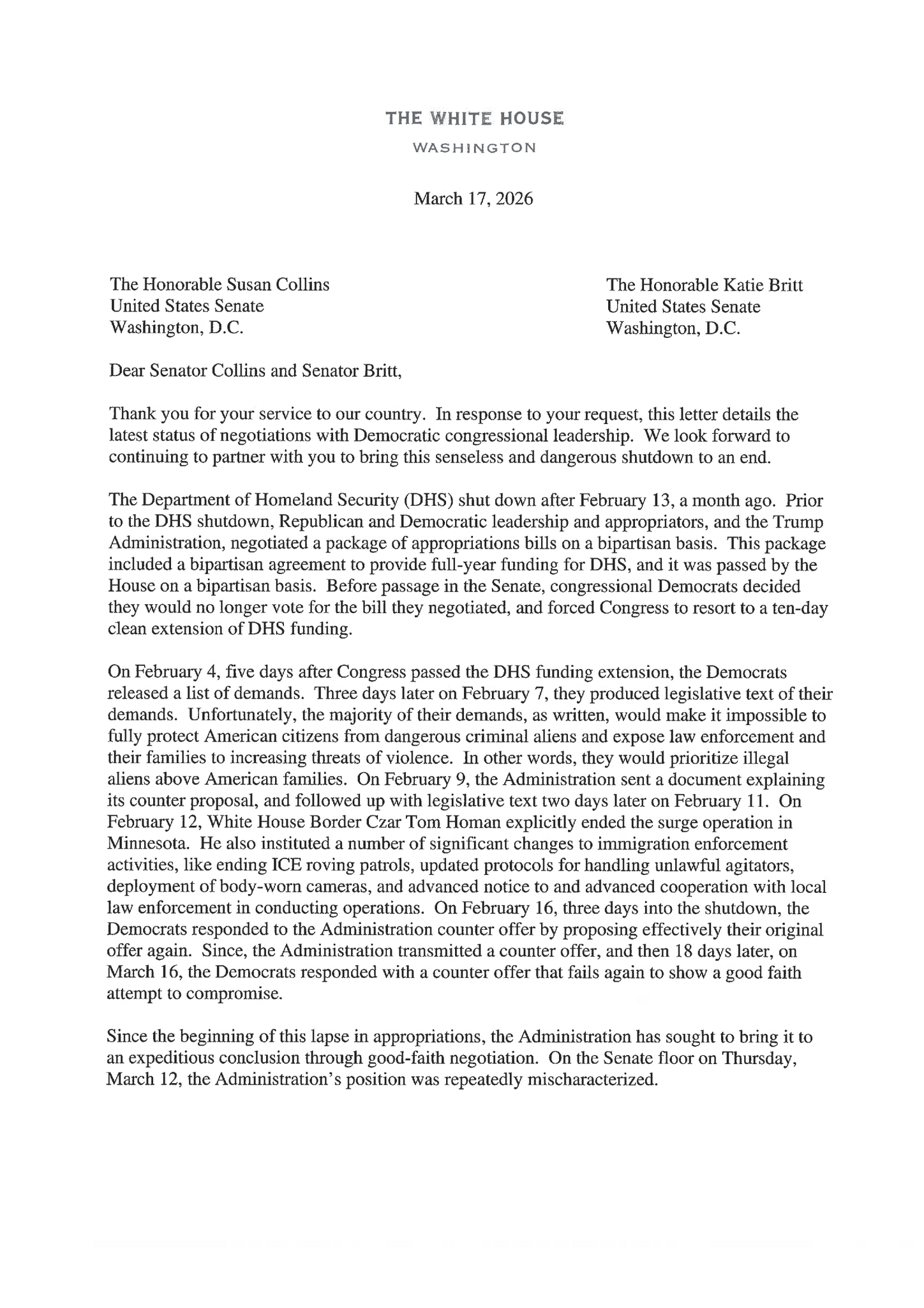 Read the White House Letter to Senate Republicans