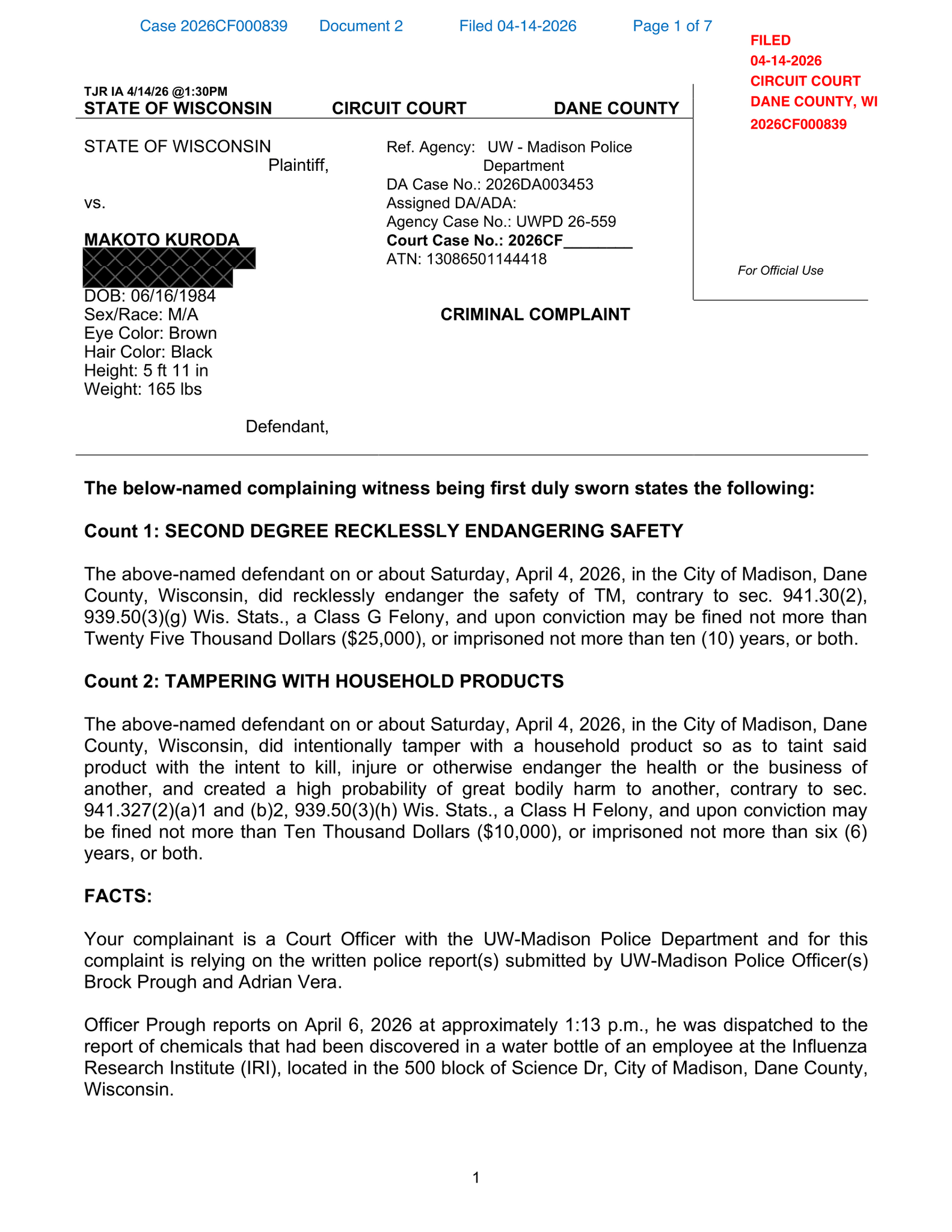 Read the Wisconsin Criminal Complaint