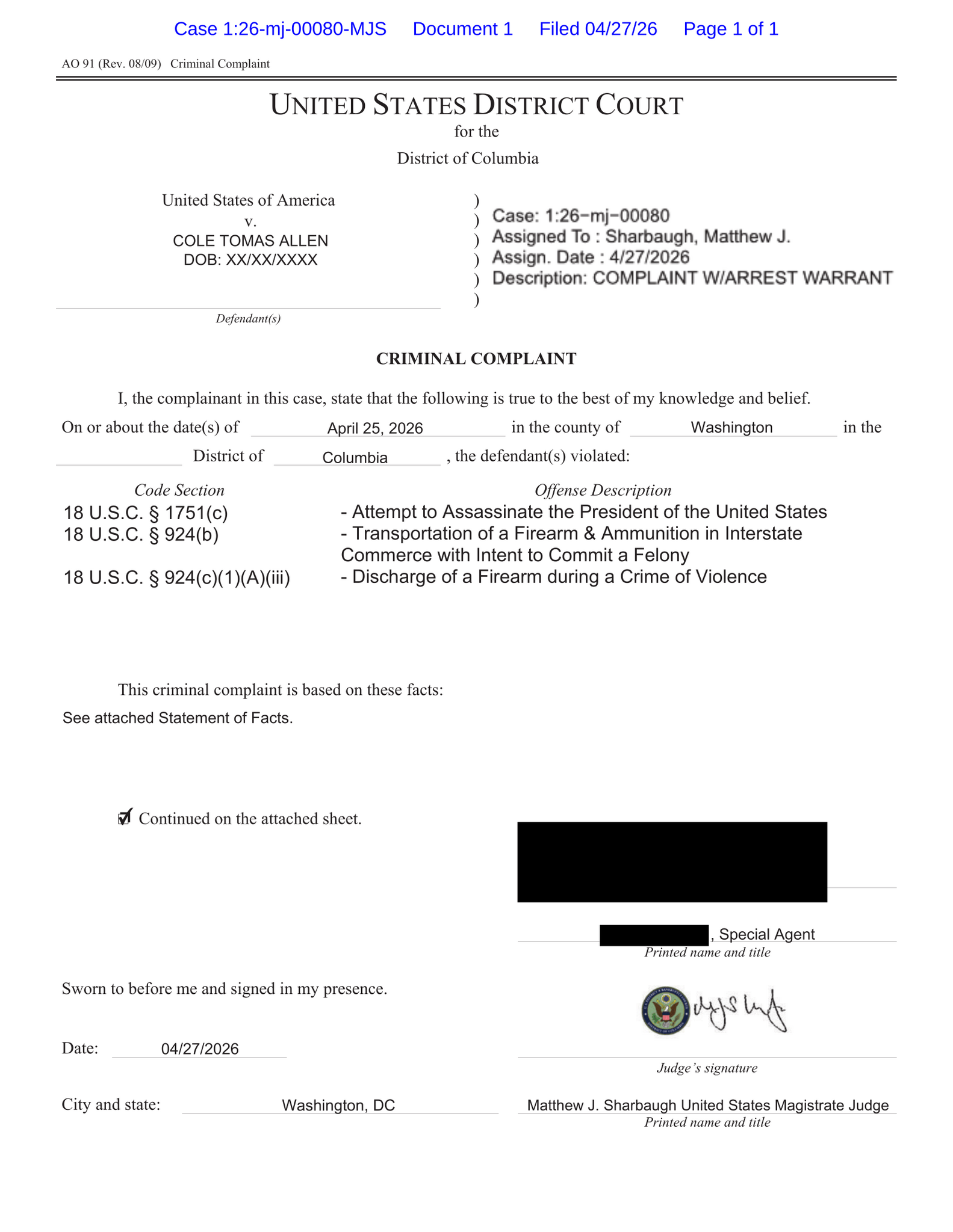 Read the Criminal Complaint and Affidavit Charging Cole Tomas Allen