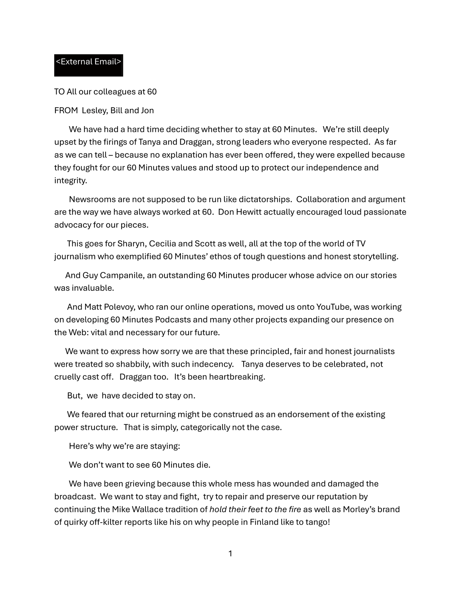 Read the Email From the ‘60 Minutes’ Stars