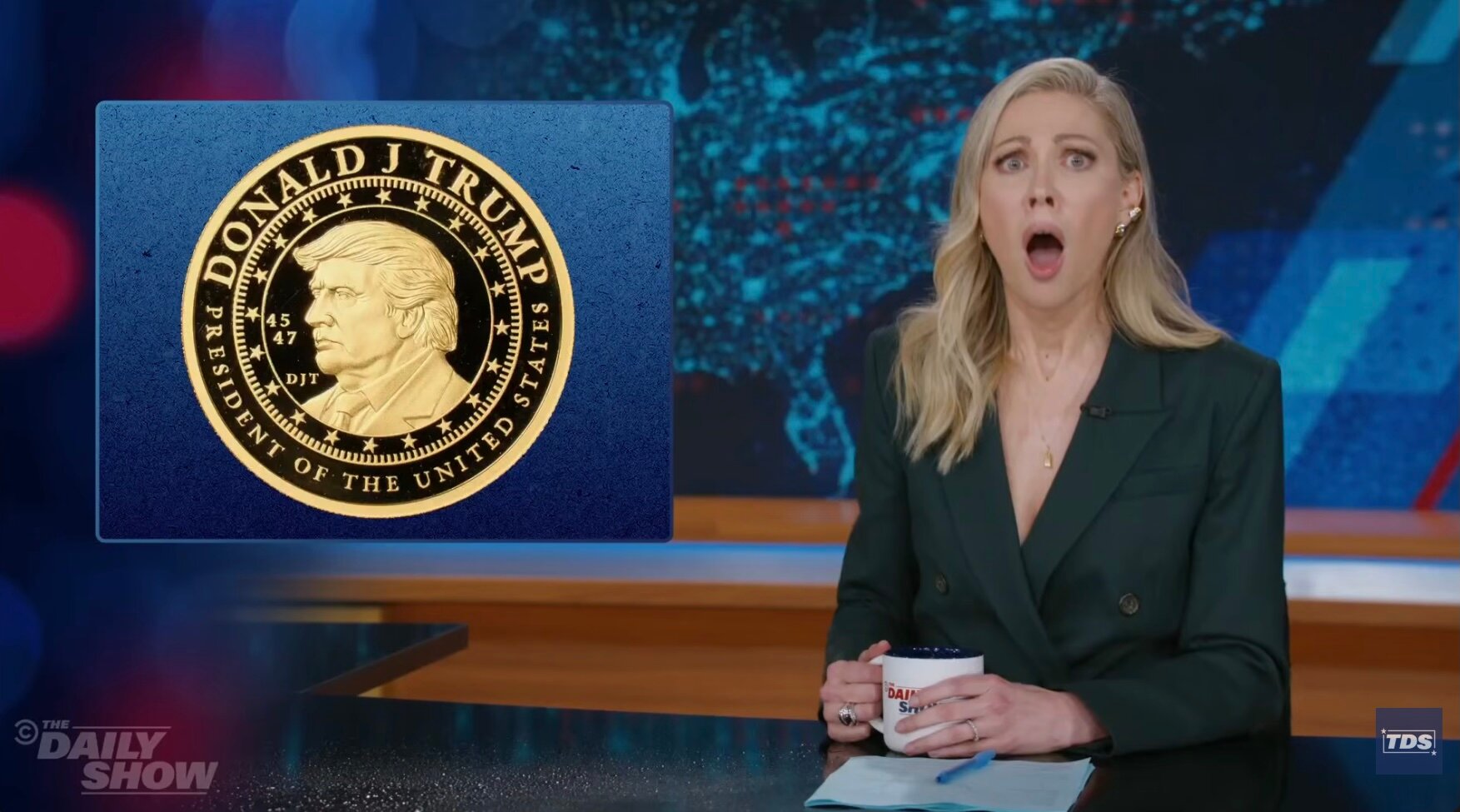 Desi Lydic Does a Spit Take at the Price of Trump’s Gold Coin