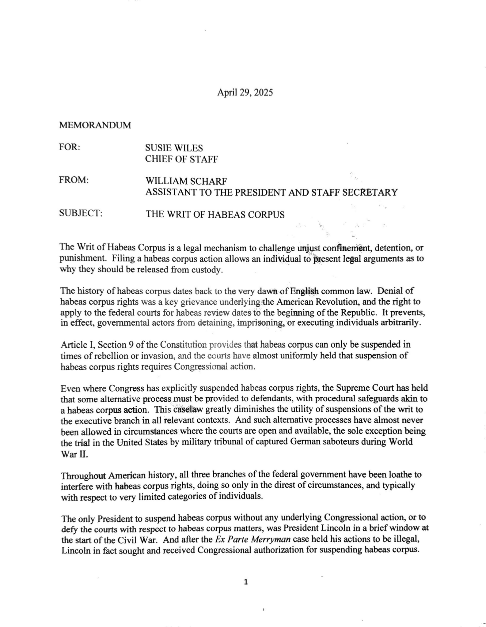 Read Will Scharf’s Confidential Habeas Corpus Memo