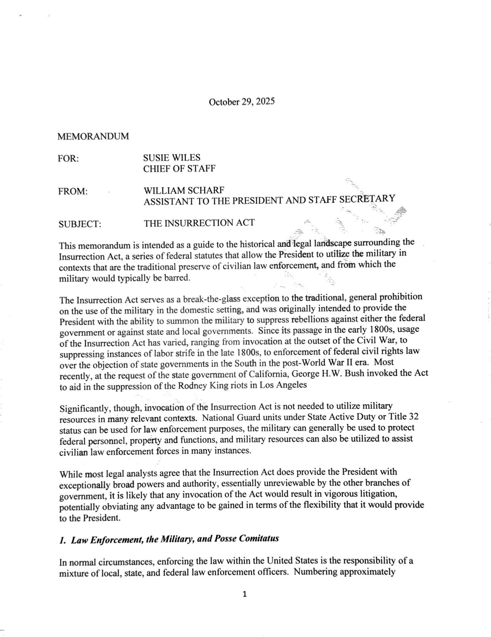 Read Will Scharf’s Confidential Insurrection Act Memo