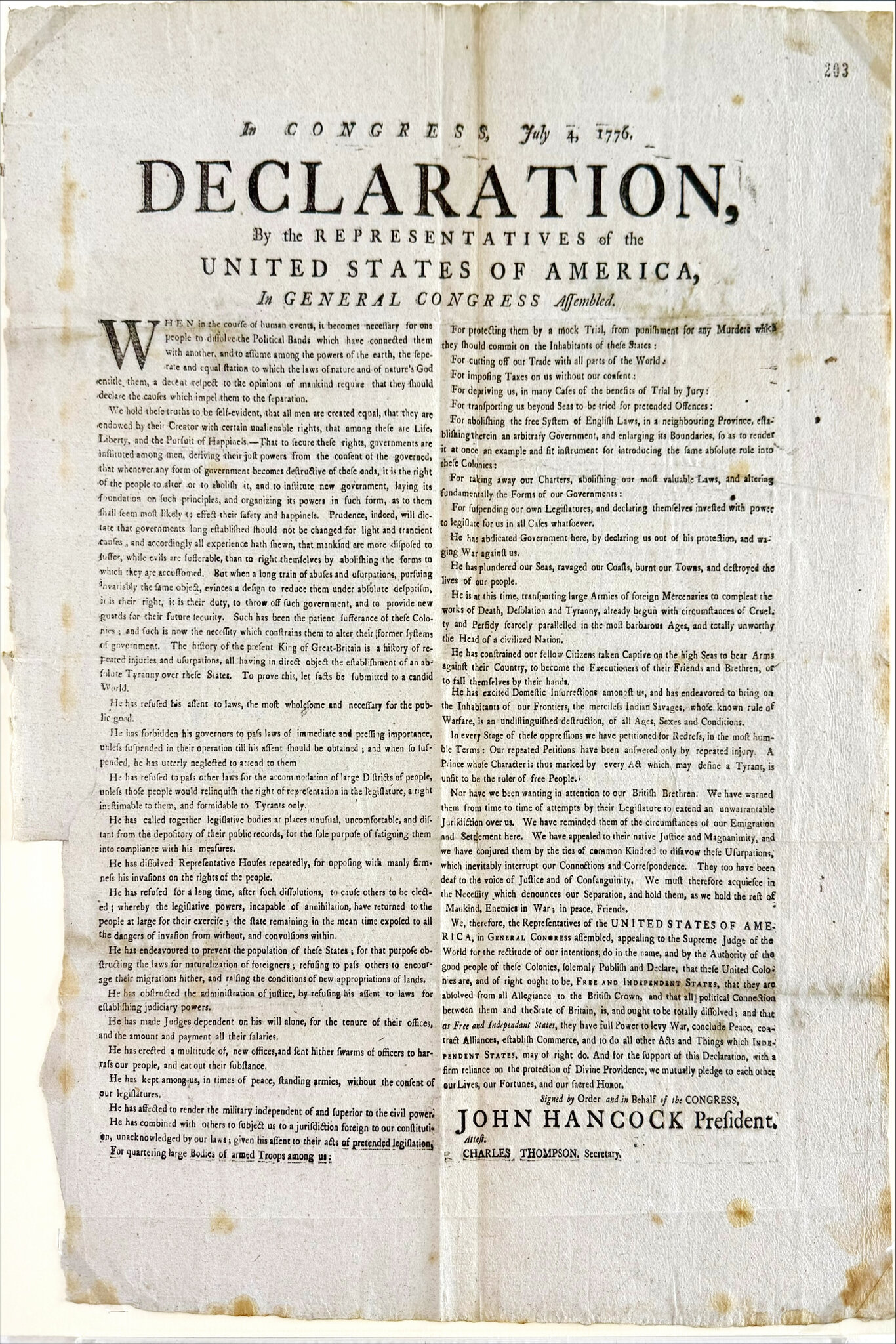 Rare Copy of the Declaration of Independence Is Discovered in London